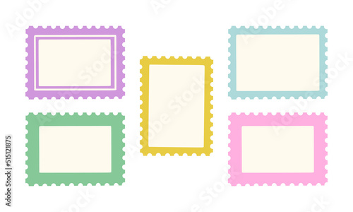 Pastel palette post stamps blank, coupons, tickets template cute set. Vector illustration, design elements, clip art set