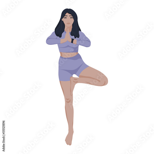 A young woman in purple with dark hair standing in a yoga tree pose in vector
