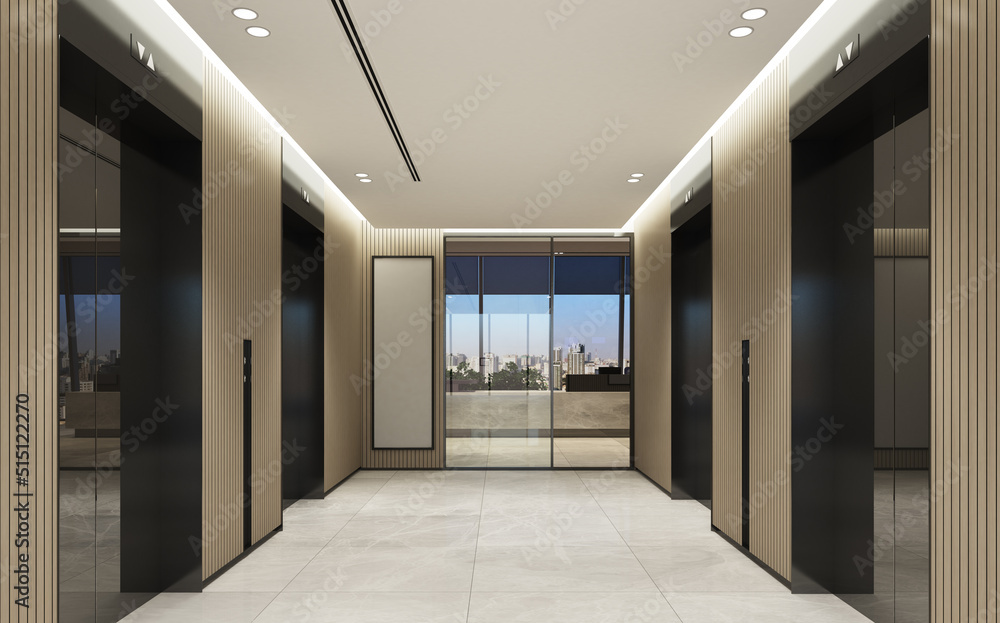 Modern office lobby with lift, empty white poster on wall and panoramic city view. 3D Rendering