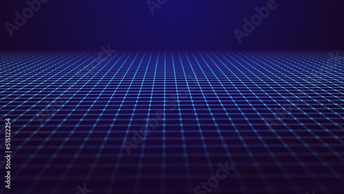 Perspective blue grid on a dark background. Futuristic illustration of a network connection. Big data. Background in the style of the 80s. 3d rendering.
