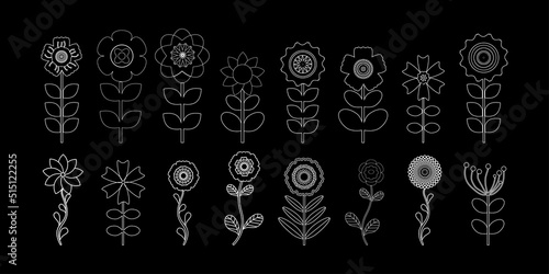 Set of white outline flowers on black background Flower icon Vector illustration