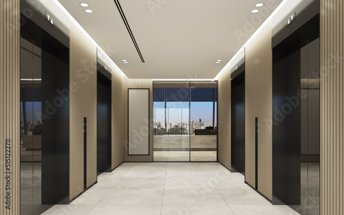 Modern office lobby with lift  empty white poster on wall and panoramic city view. 3D Rendering