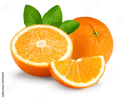 orange fruit with cut of orange and green leaves isolated on white background. clipping path