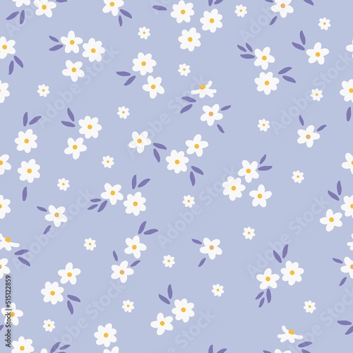 Simple vintage pattern. cute white flowers, blue leaves. light blue background. Fashionable print for textiles and wallpaper.