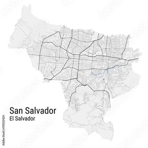 San Salvador vector map. Detailed map of San Salvador city administrative area. Cityscape panorama illustration. Road map with highways, streets, rivers. photo
