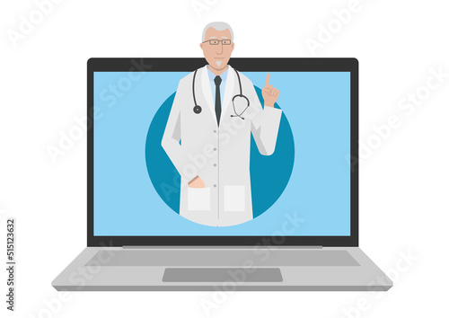 illustration vectorielle représentant un médecin qui sort d'un écran d'ordinateur portable. Concept illustrant la télé médecine, la médecine à distance. Isolé sur fond blanc