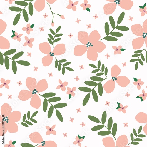 Simple vintage pattern. Pink flowers  green leaves. White background. Fashionable print for textiles and wallpaper.