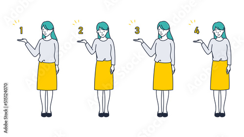 1234の数字を使って説明する女のイラスト素材｜mayucolor08