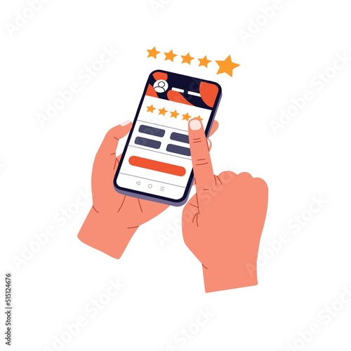 5 star rate, positive feedback of customer. Hands tapping on mobile phone screen for best rank of app application, service satisfaction. Flat vector illustration isolated on white background
