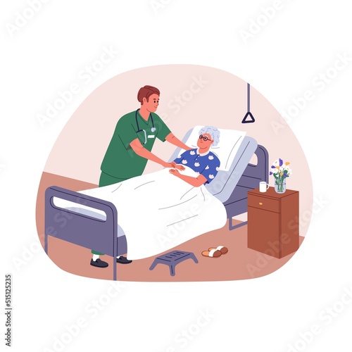 Old woman patient lying in bed in hospital. Senior aged ill lady and doctor treating, caring about her health in clinic. Nurse and elderly person. Flat vector illustration isolated on white background