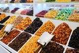 Traditional Azerbaijani cuisine ingredients dried fruit and herbs at the local market in Baku, Azerbaijan.