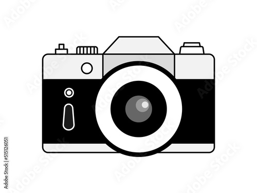 Vintage camera with outline. 35 mm retro film photo camera. Photography studio concept. DSLR big lens. Mirrorless photo device with old look. T shirt design element. Vector illustration,flat, clip art