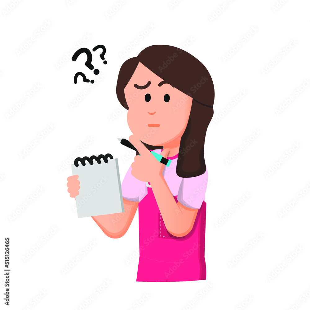 cute little girl seems to be thinking about something while holding a small note and pen cute little girl seems to be thinking about something while holding a small note and pen