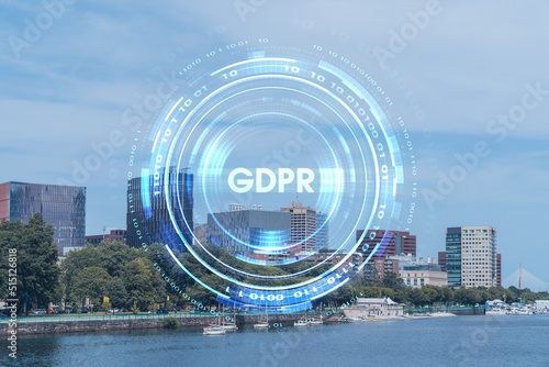 Panorama Boston city view skyline and Massachusetts Institute of Technology campus at day time. GDPR hologram is data protection regulation and privacy for all individuals within the EU Economic Area
