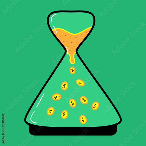 doodle illustration of hourglass filled with sand falling into coins with green background