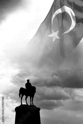 Mustafa Kemal Ataturk Monument and Turkish Flag in black and white view. photo