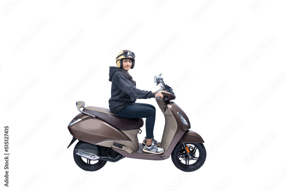 Asian woman with a helmet and jacket sitting on a scooter Asian woman with a helmet and jacket sitting on a scooter