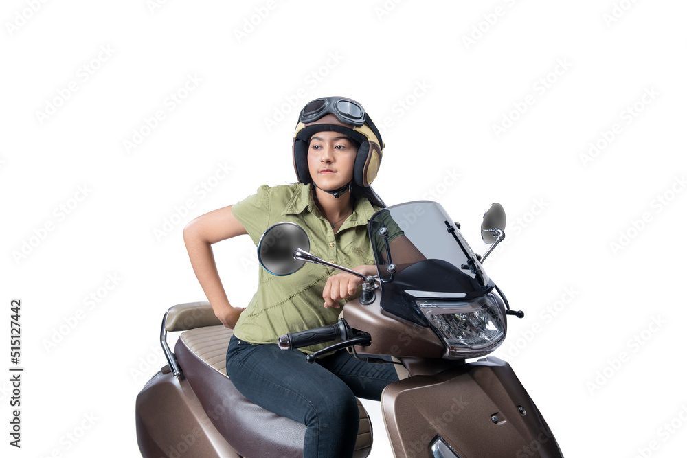 Asian woman with a helmet sitting on a scooter