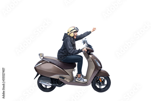 Asian woman with a helmet and jacket sitting on a scooter