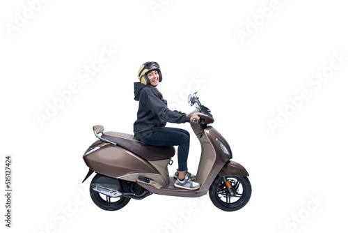 Asian woman with a helmet and jacket sitting on a scooter