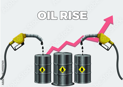 Oil rise concept with rising graph, illustration of oil crisis and rise, with barrels and gasoline pump