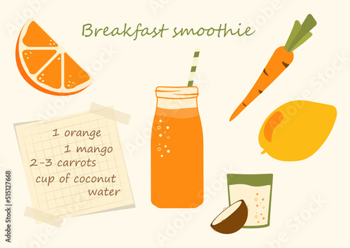 Breakfast smoothie recipe. A fruity healthy drink for carrots and mango. Orange and coconut water. Illustration of a smoothie for proper nutrition for recipe design or website. Poster for diet and ben