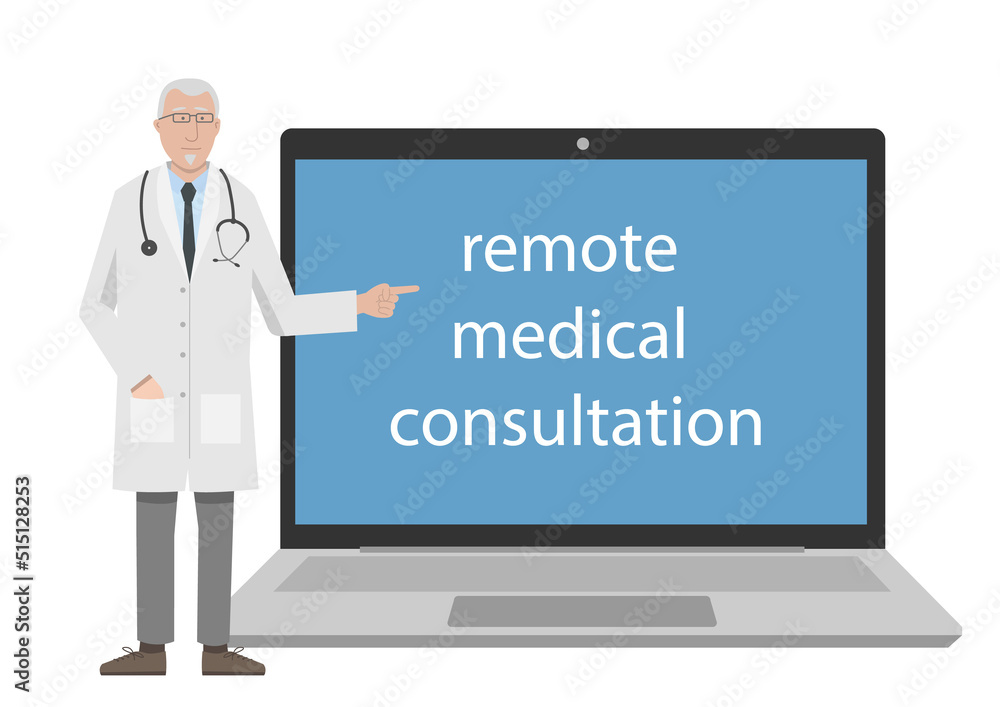 illustration vectorielle représentant un médecin qui montre un ordinateur portable. Concept illustrant la télé médecine, la médecine à distance. Isolé sur fond blanc illustration vectorielle représentant un médecin qui montre un ordinateur portable. Concept illustrant la télé médecine, la médecine à distance. Isolé sur fond blanc