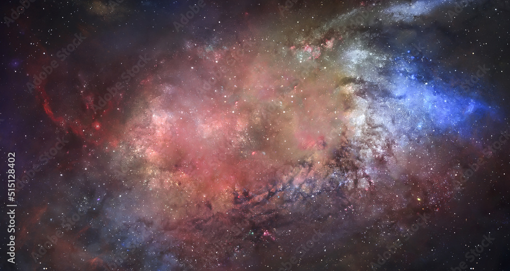 Obraz premium Stars in red sky with nebula. Galaxy view. Deep space in the sky. Elements of this iamge furnished by NASA
