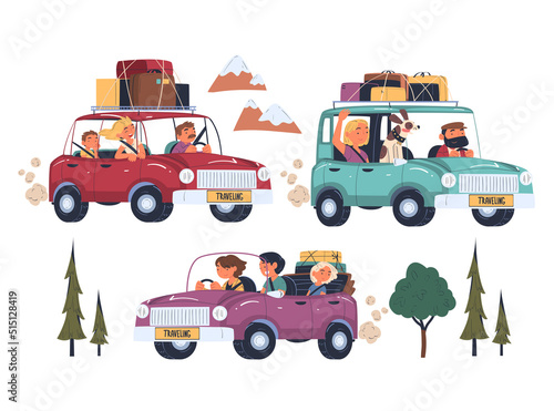People Characters Traveling by Car with Luggage Trunks on Top Having Trip on Vacation Vector Set