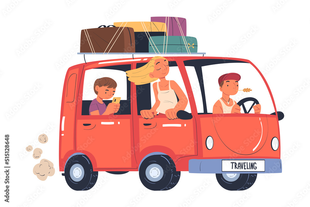 Young Man and Woman Traveling by Van with Luggage Trunks on Roof Having Trip on Vacation Vector Illustration