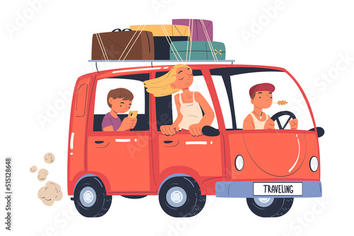 Young Man and Woman Traveling by Van with Luggage Trunks on Roof Having Trip on Vacation Vector Illustration