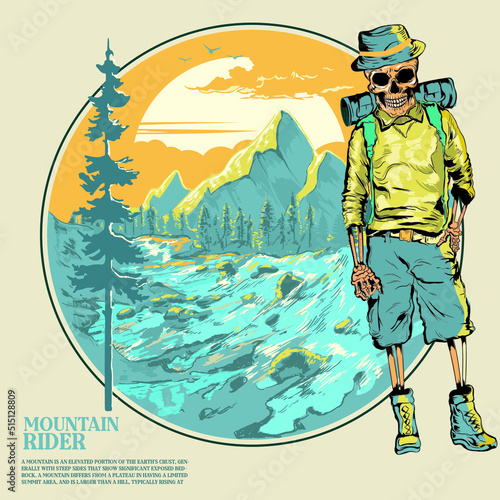 Illustration of Mountain, river and wilderness and a skeleton hiker standing intron of the nature art.