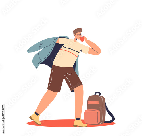 Young man in hurry. Student late for study or work. Guy in rush drink morning coffee pick backpack