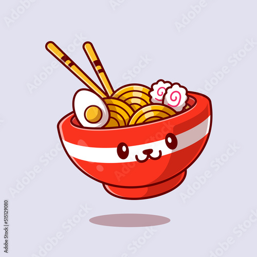 Cute Ramen Noodle Cartoon Vector Icon Illustration. Food Icon Concept Isolated Premium Vector. Flat Cartoon Style