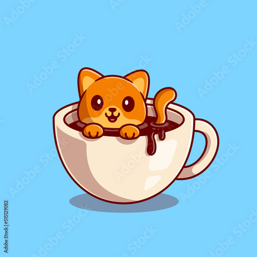 Cute Cat Swimming in Coffee Cartoon Vector Icon Illustration. Animal Drink, Icon Concept Isolated Premium Vector. Flat Cartoon Style