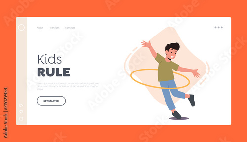 Happy Child Playing with Hula Hoop Landing Page Template. Funny Preteen Kid Character Fun Spare Time, Recreation