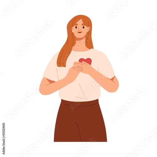 Happy woman with love, compassion, generosity in heart. Self-care and acceptance, hope for good concept. Young girl feeling affection, gratitude. Flat vector illustration isolated on white background