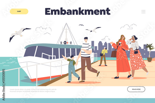 Embankment concept of landing page with people travelers walk at sea waterfront quay