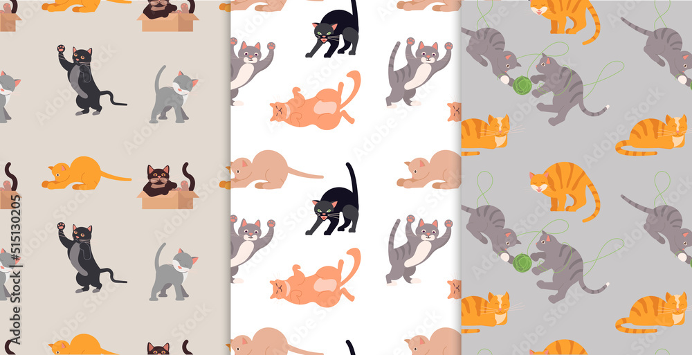 Set of Bright colorful Seamless pattern with Cute Cartoon Cats