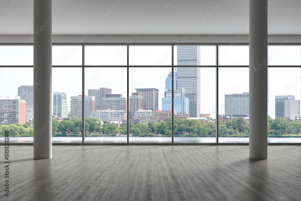 Fototapeta premium Panoramic picturesque city view of Boston at day time from modern empty room, Massachusetts. An intellectual, technological and political center. 3d rendering.