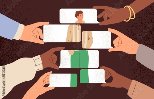 People commenting, sharing opinions about person, building image. Man under influence, dependent on negative judgements. Haters criticism dependence. Psychology concept. Flat vector illustration