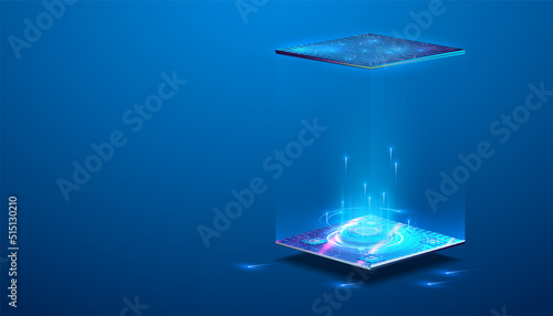 Futuristic 3d lab, podium hologram, empty space for your product or game. A game capsule, a magical aura for teleportation. Technology portal. Vector illustration