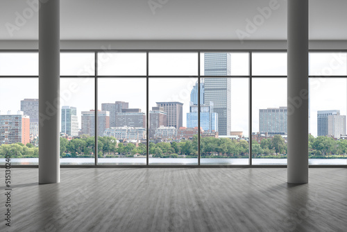 Panoramic picturesque city view of Boston at day time from modern empty room  Massachusetts. An intellectual  technological and political center. 3d rendering.