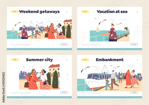 Fotobehang Walking at sea embankment concept of landing pages set with tourists relax along