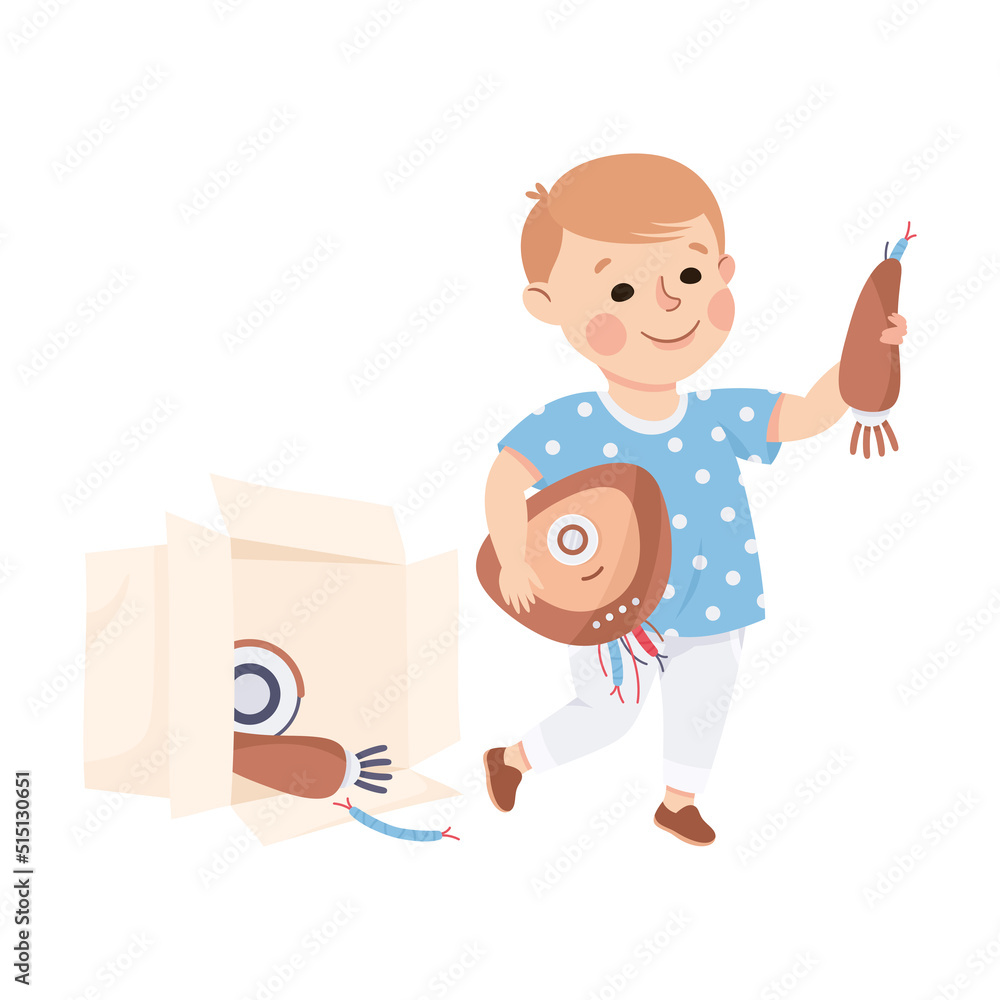 Little Boy with Robot Spare Parts Engineering Smart Technology and Artificial Intelligence Vector Illustration Little Boy with Robot Spare Parts Engineering Smart Technology and Artificial Intelligence Vector Illustration