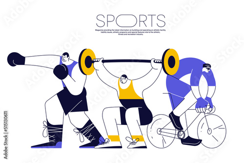 Sports banner with athletes cyclist, weightlifter and boxer on white