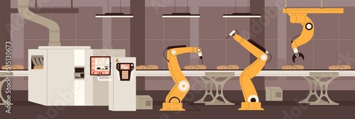Smart industry with conveyor belt controlled by AI robots. Machines, equipment, high technology work at production, manufacturing process on automated assembly line. Flat vector illustration