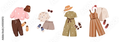 Kids fashion outfits sets for summer season. Childrens clothes, shoes, accessories. Girls apparels, jumpsuits, sneakers, pants, shorts, hats. Flat vector illustrations isolated on white background