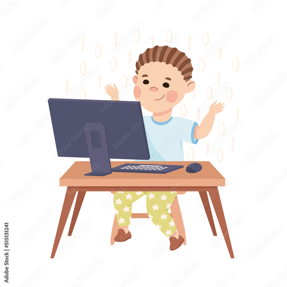 Little Boy Sitting at Computer and Coding Programming and Engineering Smart Technology and Artificial Intelligence Vector Illustration Little Boy Sitting at Computer and Coding Programming and Engineering Smart Technology and Artificial Intelligence Vector Illustration