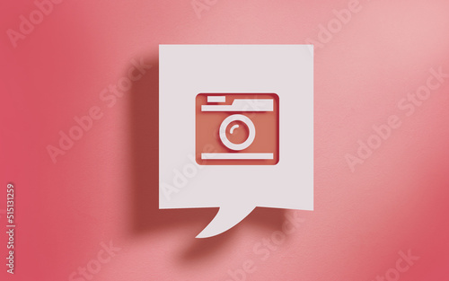 Camera Symbol in Square Speech Bubble on Living Coral Background